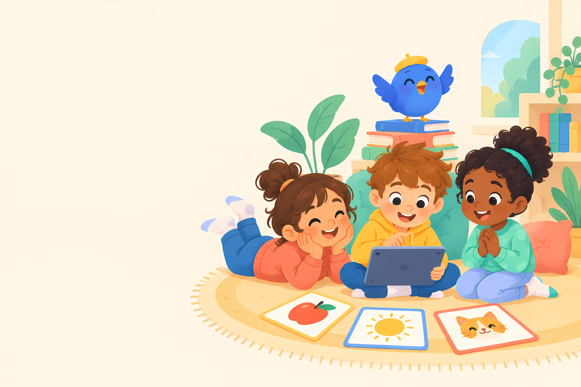 Three happy children learn French together on a rug with picture cards and a tablet, while Zazou watches from a shelf.