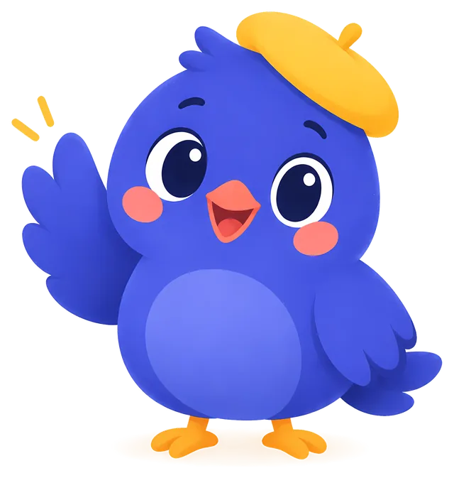 Zazou, the Frencheezy Kids bluebird, waving hello.